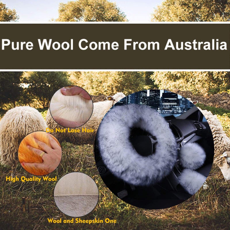 SPANICE 3 Pcs Car Steering Wheel Cover & Handbrake Cover & Gear Shift Cover Set Faux Wool Warm Winter (White&Gray) - Image 2